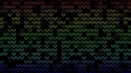 Multicolored arrows flash on a black background. Abstract festive background for advertising, congratulations, text. Colorful creative flat dynamic shapes animation. Business bg. 3D render