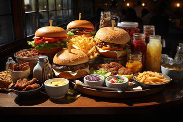 Generative AI - Table full of fast food: hamburges, french fries and different sauces 