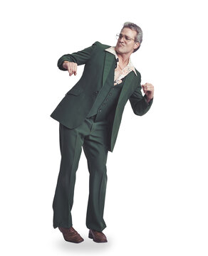 Dance, happy and a man with celebration in a suit at a wedding isolated on a transparent png background. Fashion, vintage and a person at an event, disco or funny while moving in style and clothes