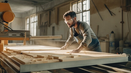 Carpenter worker using CNC Wood cutting machine in woodworking company. - obrazy, fototapety, plakaty