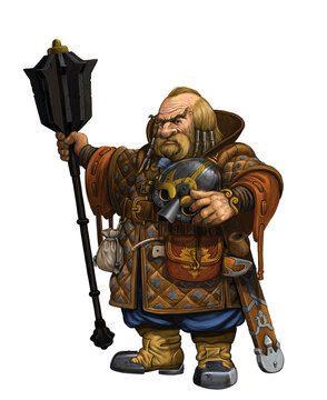 Battle dwarf with mace. Digital fantasy illustration with knight.