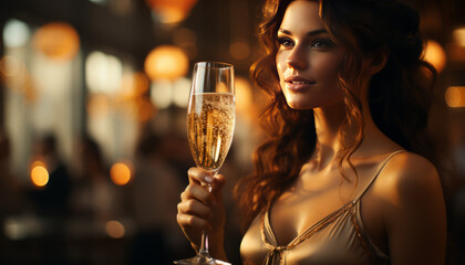 a blurred woman toasting with champagne glass. - obrazy, fototapety, plakaty