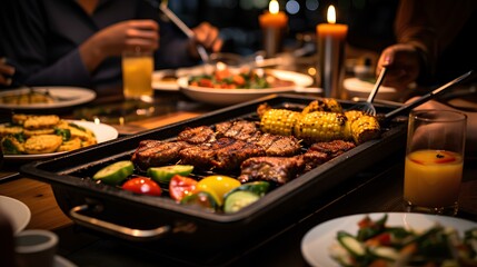Obraz premium Juicy delicious barbeque, sizzling in foreground at popular food chain restaurant. warm and welcoming atmosphere of restaurant. generative AI