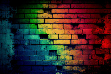 Brick wall with abstract background colours of the Pride flag, the rainbow symbol of  homosexual gay lesbian bisexual and transgender LGTB community, Generative AI stock illustration image