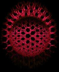 hexagonal connected vivid red pattern over a 3d sphere on  a black background