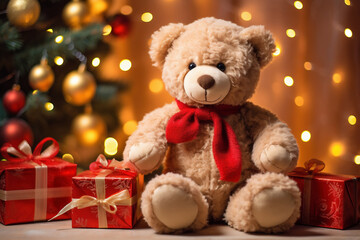 Toy teddy bear in knitted scarf and gifts boxes on Christmas tree lights background. AI Generative.