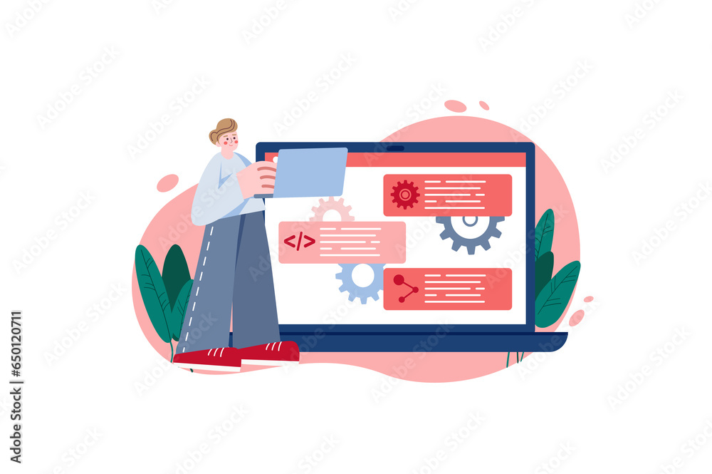 Poster web development red concept with people scene in the flat cartoon design. developer create a concept