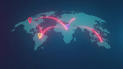 World map with global technology destination location and blue background with red glowing line  Motion graphics animation 4k.