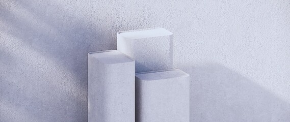 Packaging and cosmetics display podium, wall shade. Product display with white concrete texture, stone texture, natural beauty pedestal in sunlight. Realistic rendering. 3d illustration.