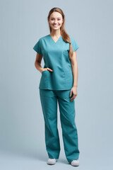 Full length portrait of smiling female doctor in blue scrubs looking at camera - obrazy, fototapety, plakaty