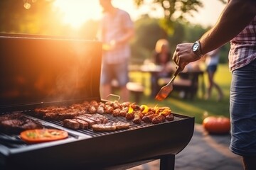 Bbq with grill and grilling meat with barbecue grilling outdoors. - obrazy, fototapety, plakaty