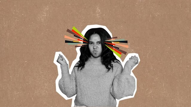 Boiling brain. Stop motion, animation. Modern design. Family crises of relationship can happen at any time. Concept of male and female psychology. Emotions of angry african american young woman