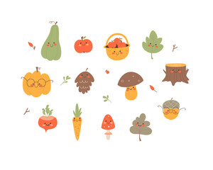 Set of funny fall characters - pumpkins, leaves, acorn, apple, pine cone, mushroom, fly agaric. Vector illustration isolated on a white background.