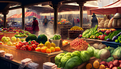 Weekly bazaar, market with various vegetables and fruits, digital illustration. - obrazy, fototapety, plakaty
