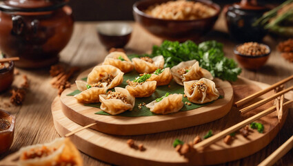 Obraz na płótnie Canvas Chinese dumplings, soy sauce