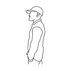 Standing man with wearing cap. Outline drawing on white. 