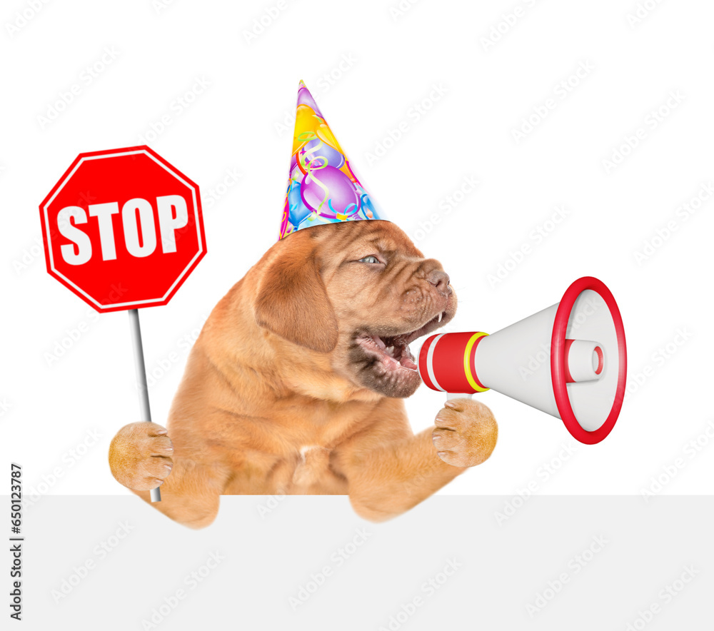 Poster funny mastiff puppy wearing party cap barks into megaphone above empty white banner and shows stop s