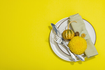 Autumn table setting. Thanksgiving cutlery, traditional fall decor, flat lay. Festive cozy mood