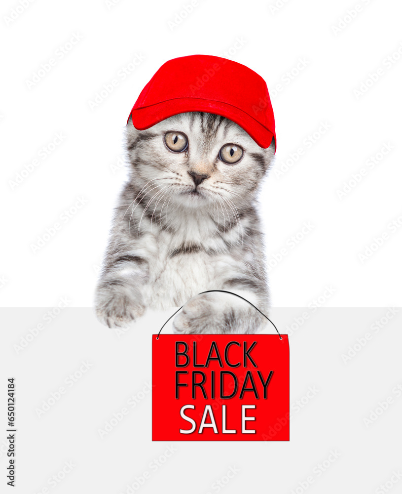 Poster cat wearin red cap holds signboard with labeled 