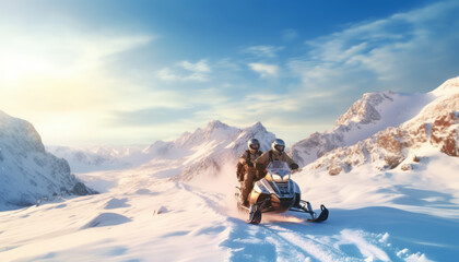 two man riding snowmobile at snowy mountain. - obrazy, fototapety, plakaty