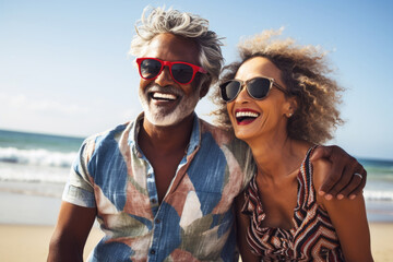 An aged man and a woman in sunglasses hug on the beach - obrazy, fototapety, plakaty