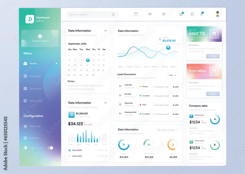 Wall mural infographic dashboard. ui design with graphs, charts and diagrams. web interface template for busine