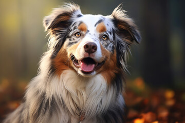 A dog of the Australian Shepherd breed sits in the park for a walk in the fall