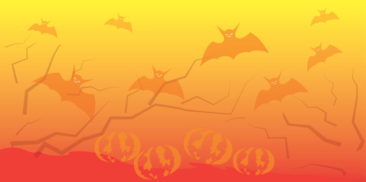 Halloween day background, wooden branch bat pumpkin silhouette isolated on orange yellow gradient background