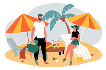 Fototapeta premium Travel green orange concept with people scene in the flat cartoon style. Young couple came to the beach to relax and drink cocktails. illustration.