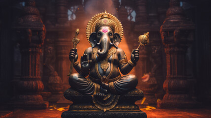 Ganesh jayanti lord ganesha on a brightly lit background telephoto lens realistic dark lighting