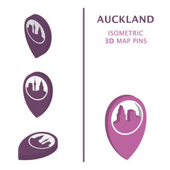 New Zealand Auckland 3D vector logo set. Isometric map pin, geolocation pointer, modern skyline icon, concept, isolated graphic 