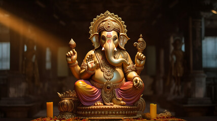 Fototapeta na wymiar Ganesh jayanti lord ganesha on a brightly lit background telephoto lens realistic dark lighting