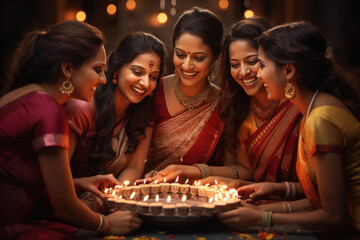 Indian women group doing flame oil lamp together and celebrating diwali festival.