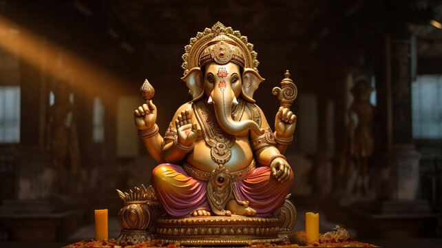 Ganesh jayanti lord ganesha on a brightly lit background telephoto lens realistic dark lighting