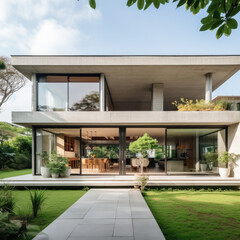 Modern house design featuring a beautiful blend of materials, including concrete, steel and glass.