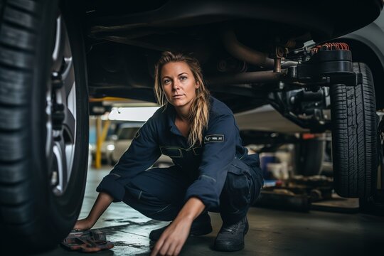 Portrait Shot of a Female Mechanic Working Under Vehicle in a Car Service.