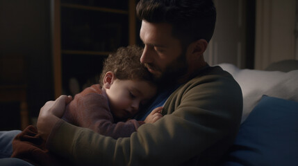 In the embrace of paternal love, a tranquil moment captures the essence of trust and security as a young child finds solace, drifting into a peaceful slumber..