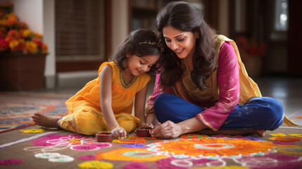 Indian woman making rangoli with little girl at home.