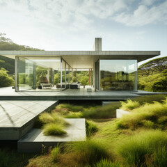 Fototapeta na wymiar Modern house design featuring a beautiful blend of materials, including concrete, steel and glass.