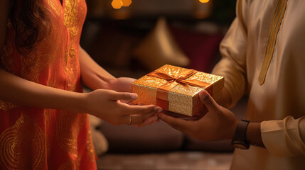 Close view of holding hands gift box on diwali festival