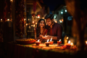 Indian couple celebrating diwali festival together at home.