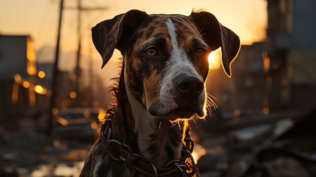 Stray Dog on a Damaged Street in Afternoon Light - A Powerful Image for Animal Rights Advocacy
