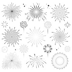 Silhouette festival firecracker firework explodes burst display with star and sparkle black line icon vector illustration simple anniversary celebrate festive element set isolated on white background.