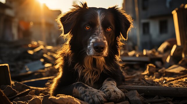 Stray Dog on a Damaged Street in Afternoon Light - A Powerful Image for Animal Rights Advocacy
