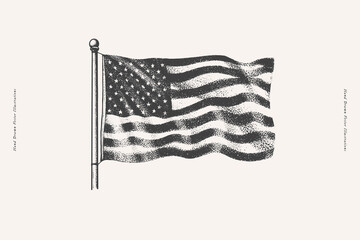 Black and white USA flag. The main symbol of America on a light background. Vector illustration in engraving style.
