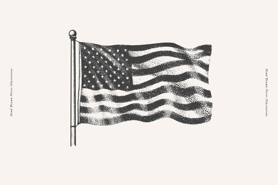 Black and white USA flag. The main symbol of America on a light background. Vector illustration in engraving style.