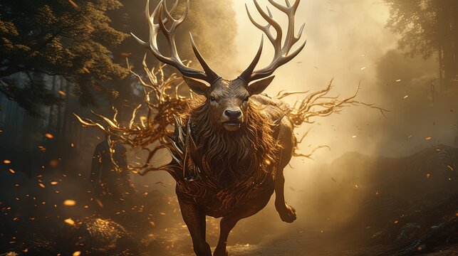 Image of an angry demon stag deer face terrifying and flames on dark background. Wildlife Animals. Illustration, 
