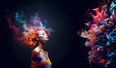 Beautiful fantasy abstract portrait of young woman With colorful digital paint splashes on empty space for text. - obrazy, fototapety, plakaty
