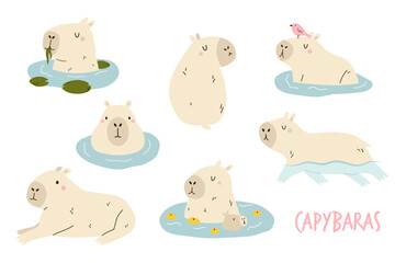 Set with different funny capybaras characters swimming, bathing and relaxing.