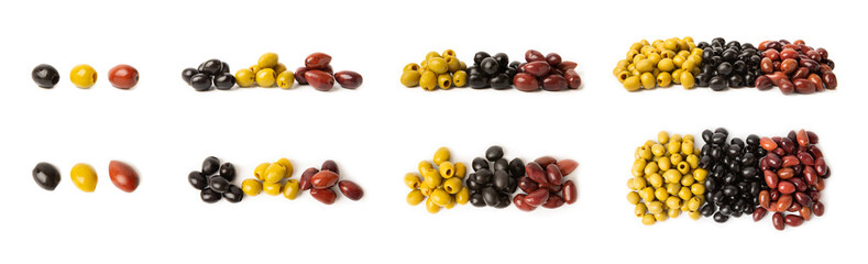 Set of green, red and black olives isolated on a white background. Various types of olives and fresh olive leaves. flat lei. Delicacy. Close-up.
